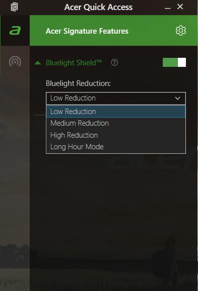 Acer Bluelight Shield - 13 A CER BLUELIGHT SHIELD Acer Bluelight Shield vähentää näytöstä tulevan sinisen valon määrää, mikä suojaa silmiäsi.
