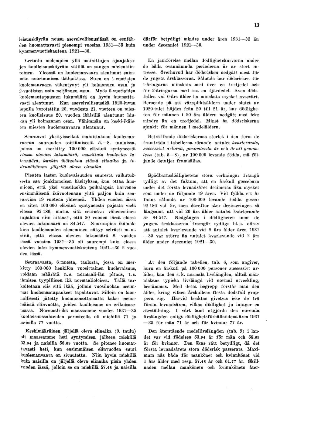13 leisuuskäyrän nousu asevelvollisuusiässä on sentähden huomattavasti pienempi vuosina 1931 35 kuin kymmenvuotiskautena 1921 30.