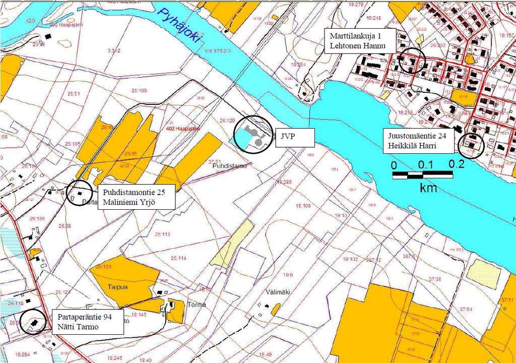 28 Pyhäjoen yhteistarkkailu Kuva 3-10. Hajutarkkailijoiden sijainti (lähde: Haapaveden kaupunki).