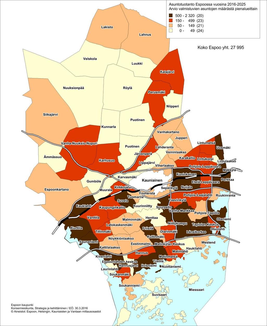 Espooseen valmistuu 2016-2025 yhteensä 28 000 uutta asuntoa Eniten uusia asuntoja valmistuu Suurpeltoon yli 2 300 Yli 1 000 asuntoa