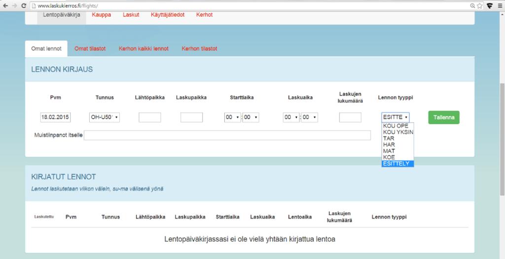 Huom! Jos olet mukana useammassa kerhossa, tulee sinun ennen lentojen syöttöä käydä Kerhot -välilehdellä valitsemassa kerho, jonka koneella lennetyt lennot haluat järjestelmään syöttää.