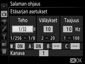 Etäsarja Kun tämä asetus on valittu, salamalaitteet välähtävät toistuvasti sulkimen ollessa auki, mikä tuottaa päällekkäisvalotustehosteen. 1 C: Valitse Etäsarjan asetukset.