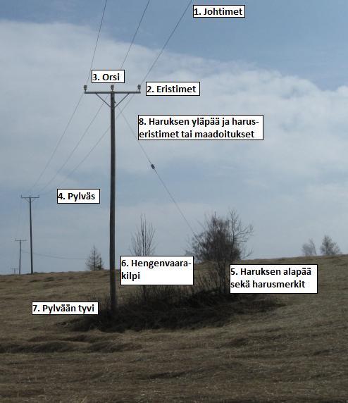 Vanha Henri Opinnäytetyö 29 Kuva 3. Kuvaan lisätty kohteita, joihin huomion täytyy ainakin kiinnittyä tarkastettaessa keskijännitelinjaa./17/ 4.1.2. 0,4kV:n ilmajohdon tarkastaminen 0,4kV:n eli pienjänniteilmaverkon tarkastukset voidaan tehdä samalla tavoin kuin 20kV:n eli keskijänniteilmaverkon tarkastukset.