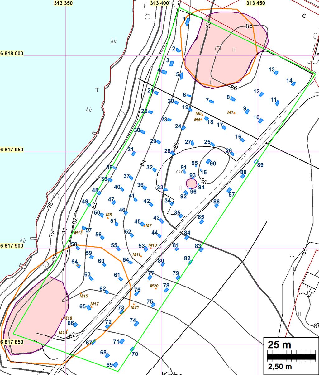 14 Kartta: Tutkimusalueen raja on merkitty vihreällä, tarkkuusinventoinnissa kaivetut koekuopat numeroineen sinisellä ja metallinilmaisinlöydöt tunnuksella M + numero.