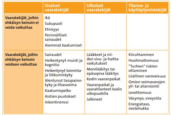 Kuva 1. Kaatumisten vaaratekijät (Pajala 2012) 2.1 Sisäiset vaaratekijät Sisäisillä vaaratekijöillä tarkoitetaan ihmistä ja hänen terveydentilaansa liittyviä riskitekijöitä.