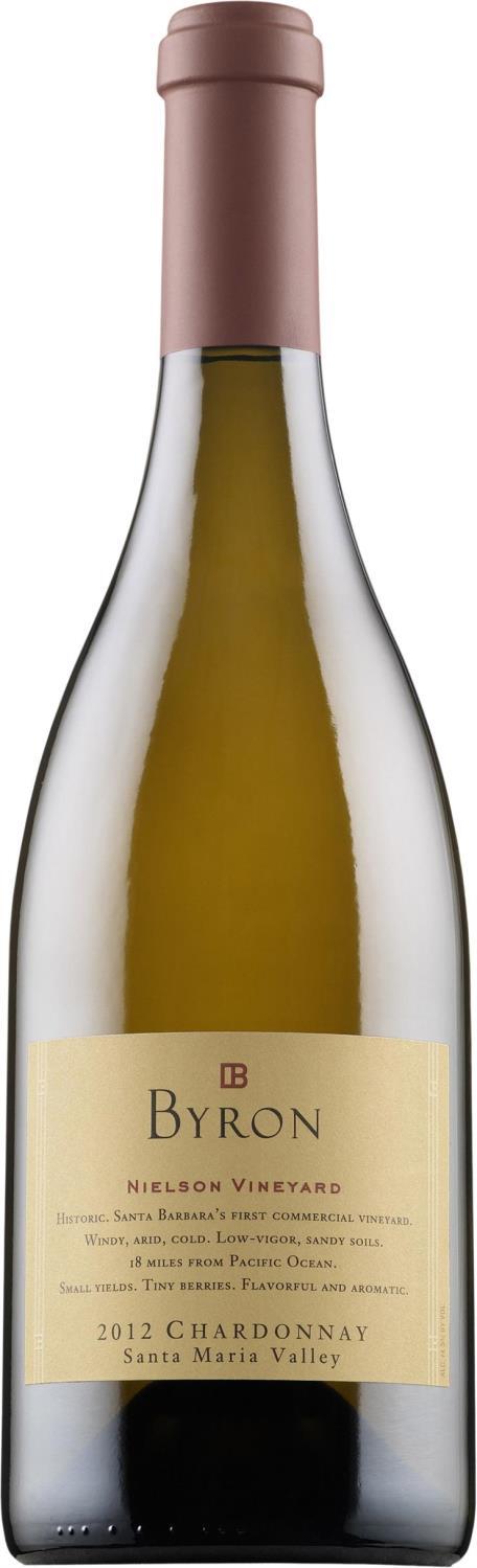 Byron Nielson Vineyard Chardonnay 2012 Byron Winery Chardonnay: Santa Maria Valley 30,30 (0,75 l) Kuiva, hapokas, kypsän sitruksinen, keltaluumuinen, persikkainen, mausteinen, tamminen,