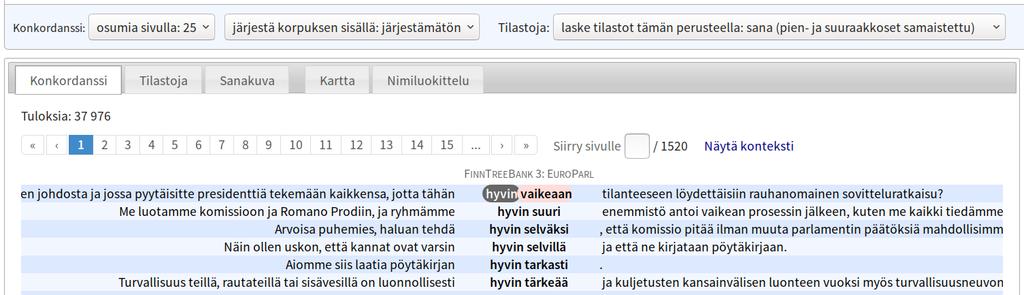 Konkordanssi-näkymässä näkee kyseisten sanojen ympärillä olevat sanat.