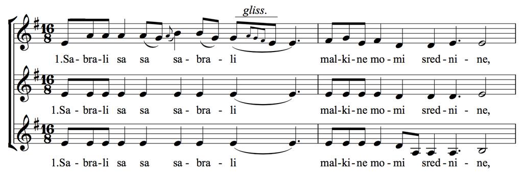 coda. Kuorosovituksen B-osa on Georgievin säveltämä. Sovitus päättyy ajanjakson obrabotkille tyypilliseen codaan (Kirilov 2015, 174). Kuva 7. Săbrali sa se săbrali A-osa. Laulanut Rhodopea Kaba Trio.