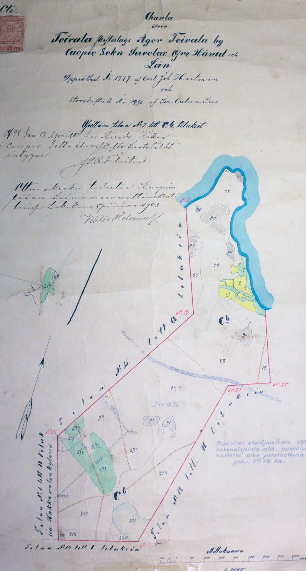 Tilan muodostamista koskeva isojakokartta: tila on muodostettu isojaossa, joka toimitettiin tilalle 1796.