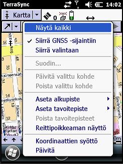 37 KUVIO 13. TerraSync -ohjelman Kartta -näkymän Optiot -alavalikko 5.