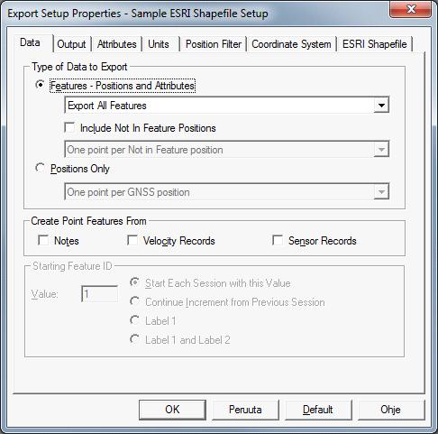 75 LIITE 6/1 Ohje_Tiedonsiirto mittalaitteesta Xpipe'en Sample ESRI Shapefile Setup - formaatilla: Avataan GPS Pathfinder Office Export -apuohjelma.