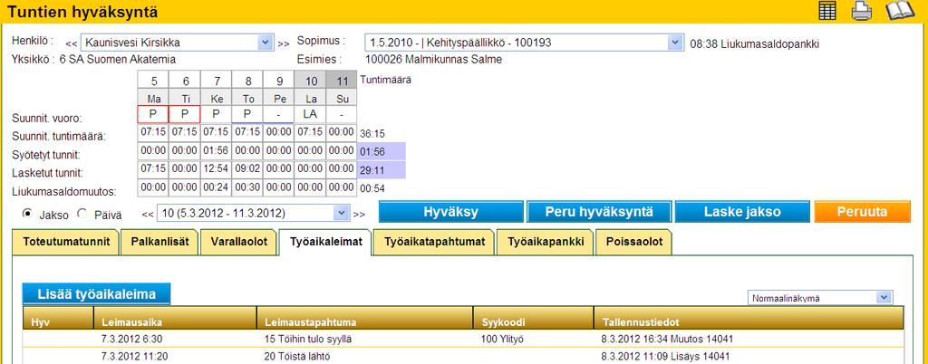 Toteutuneen työajan hyväksyntä jatkuu Henkilökohtainen