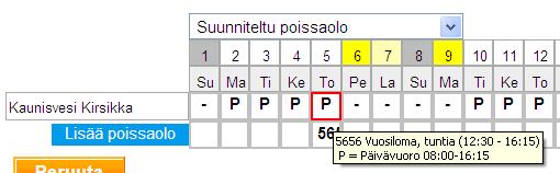 suunnitelmassa poissaolona sekä toteutuneen