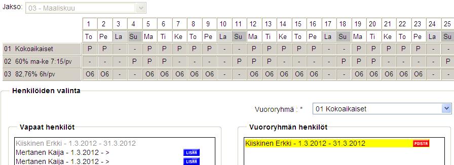 Henkilöiden valintalistalta valitaan vapaita henkilöitä ryhmään, valitsemalla Lisää, jolloin henkilön nimi siirtyy oikean puoleiseen laatikkoon.