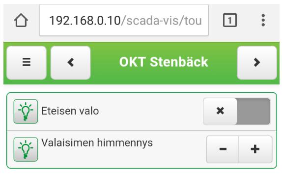 43 Kuvassa 27. on näkyvissä älypuhelimen selaimen näkymä, jolla voidaan myös ohjata homelynk-järjestelmään liitettyjä KNX-ohjauksia. Kuva 27. Visualisoitu ohjausnäkymä älypuhelimella.