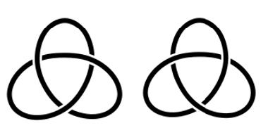 Apilasolmu voi olla vasenkätinen tai oikeakätinen, tällöin solmut ovat toistensa peilikuvia. Kuva 4: Vasenkätinen apilasolmu ja oikeakätinen apilasolmu.