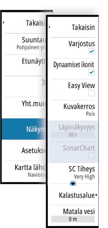 SC-tiheys Ohjaa SonarChartin ja SonarChart Liven käyrien tiheyttä. Kalastusalue Valitse syvyysalue, jonka sisällä Navionics täyttyy eri värillä.