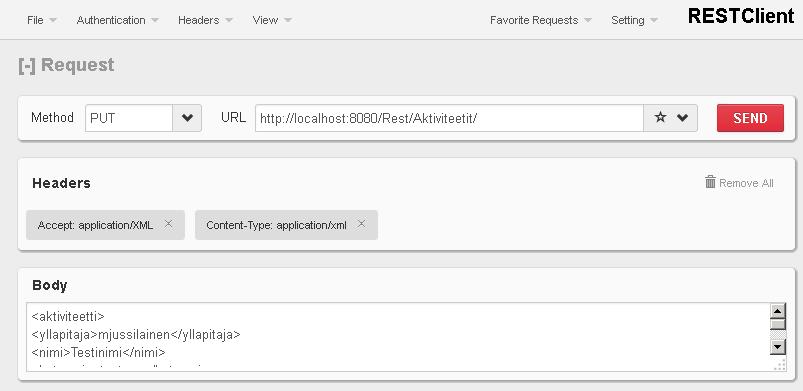Kuva 5: Esimerkki HTTP-pyynnöstä RESTClient-sovelluksessa esitettynä 6.