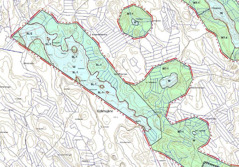 4.1.7 Metsähallitus (Kohmujärvi) Voimassaolevassa kaavassa Kohmujärven ympäristö on osoitettu SL-1 - alueeksi. Maanomistaja esittää hakemuksessaan alueen kaavamääräyksen muuttamista MT- pohjaiseksi.