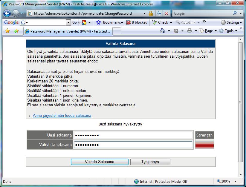salasanan vaihtoikkunassa uusi salasana salasanapolitiikan