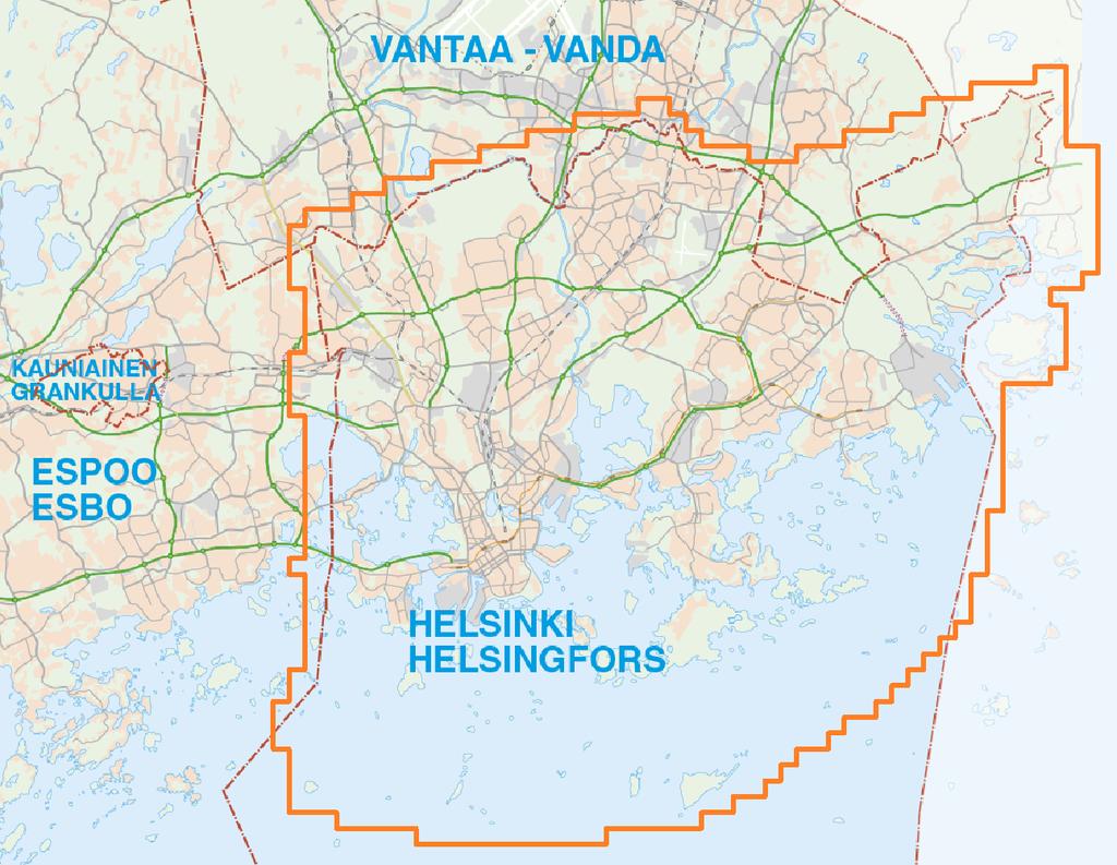 Kuva 18 Kaupunkimallien aluerajaukset: kolmioverkkomallin laajuus on esitetty oranssin värisenä aluerajauksena ja CityGML-tietomallin rajaus määräytyy Helsingin kaupunginrajan mukaan.