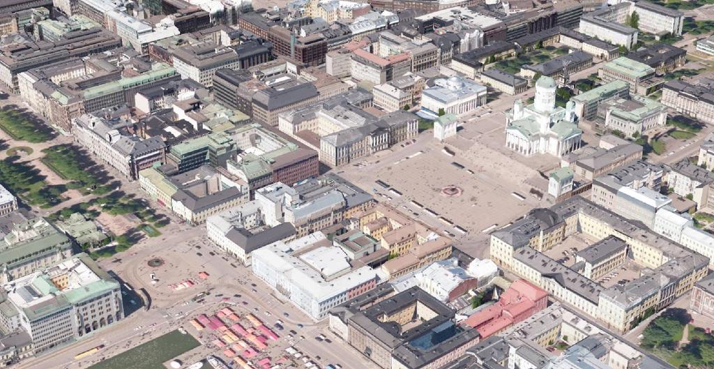 Kuva 51 Näkymä CityGML-kaupunkitietomallin teksturoiduista LoD2-tasoisista rakennuksista ja maanpintamallista.
