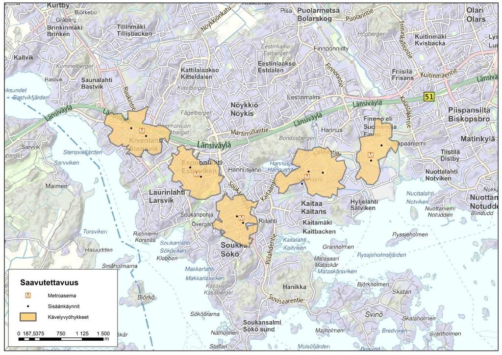 15 3.1.2 Asemanseutujen nykyinen tarjonta, vertailu Helsingin metroasemiin Länsimetron jatkeen metroasemien 500 metrin saavutettavuusvyöhykkeillä sijaitsevaa väestöä, työpaikkoja ja palvelutasoa on