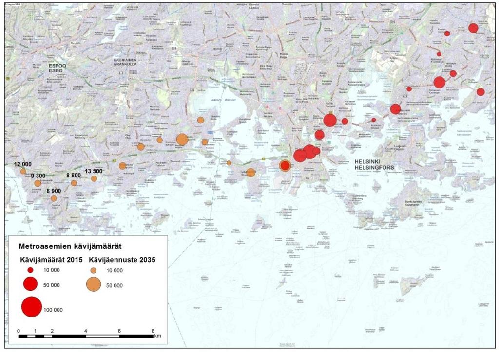 22 Kuva 18 Länsimetron käyttäjämääräennuste 2035 (Espoon kaupunki 2012) ja Helsingin nykyisen metron toteutuneet käyttäjämäärät 2015.