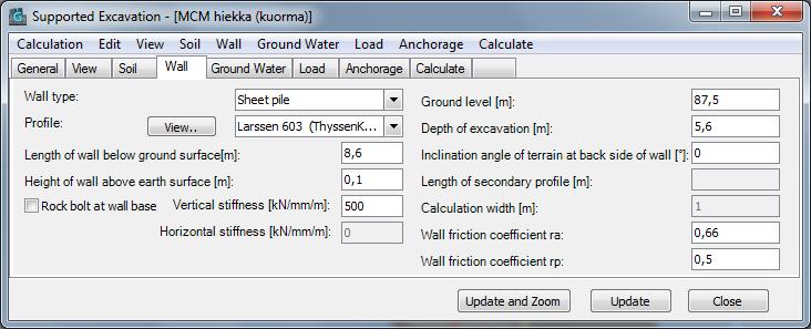 Tukiseinätietokantaan on syötetty yleisimmät tukiseinätyypit ja ne ovat valittavana Wall Type ja Profile valinnoista. Viewpainikkeella voi tarkastella tukiseinätyypin parametreja.
