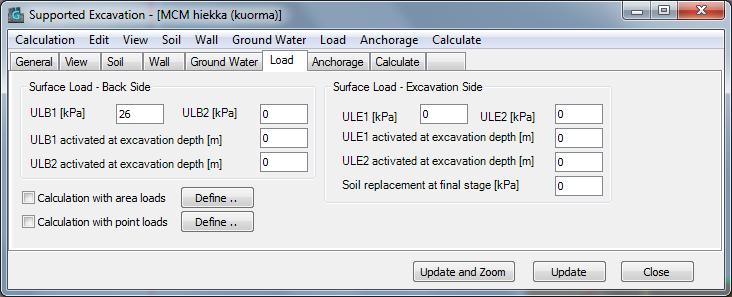 Kaivannon puolella pohjavesi asetetaan sen hetkisen kaivuvaiheen tasolle. Kuva 20. Pohjavesitiedot Kuormien tiedot (Load) Load valikossa määritetään laskentakuormat (kuva 21).