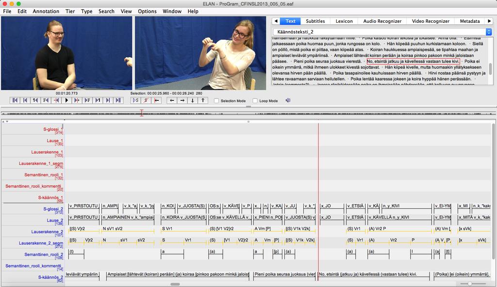 Syntaktisesti annotoitu korpus (45 min) JANTUNEN, T.; Pippuri, O.; Wainio, T. & Puupponen, A. (2016). Annotated video corpus of FinSL with Kinect and computer- vision data.