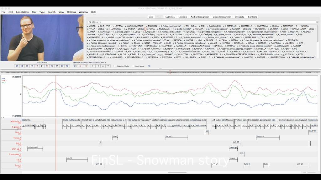 SLMotion- data ELANissa Video JANTUNEN, T.; Pippuri, O.; Wainio, T. & Puupponen, A. (2016). Annotated video corpus of FinSL with Kinect and computer- vision data.