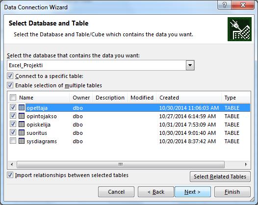 25 kautta. Täältä valitaan From SQL Server ja syötetään palvelimen nimi ja käytettävä autentikointimenetelmä.