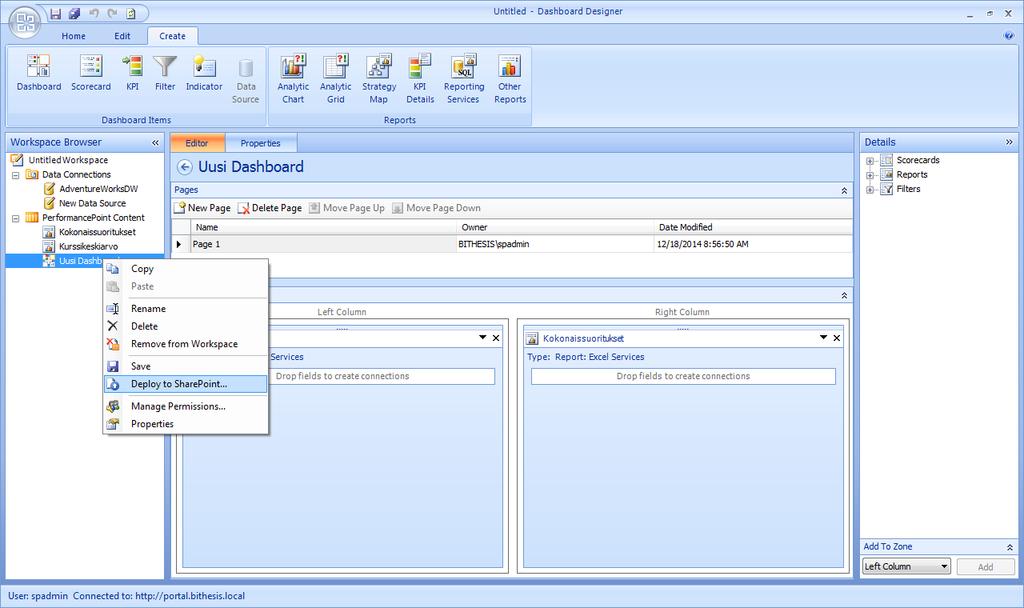 36 Kuva 18. Dashboardin lisäys SharePoint-sivustolle. Luotuja dashboardeja voidaan avata esittelyä varten suoraan Dashboardskirjastosta.