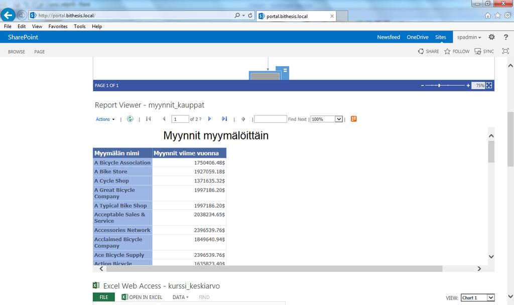 47 SharePoint-sivulla raporttia tarkasteltiin suoraan selaimessa aukaisemalla se kirjastosta.