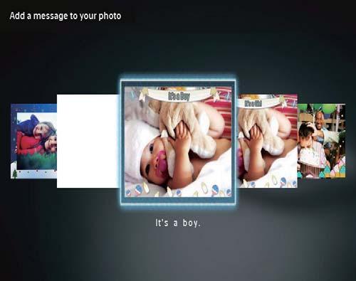 [Change Image] ja paina sitten 2 Valitse [Add a message to your photo] ja paina sitten 2 Valitse kuva PhotoFrame-kehyksestä