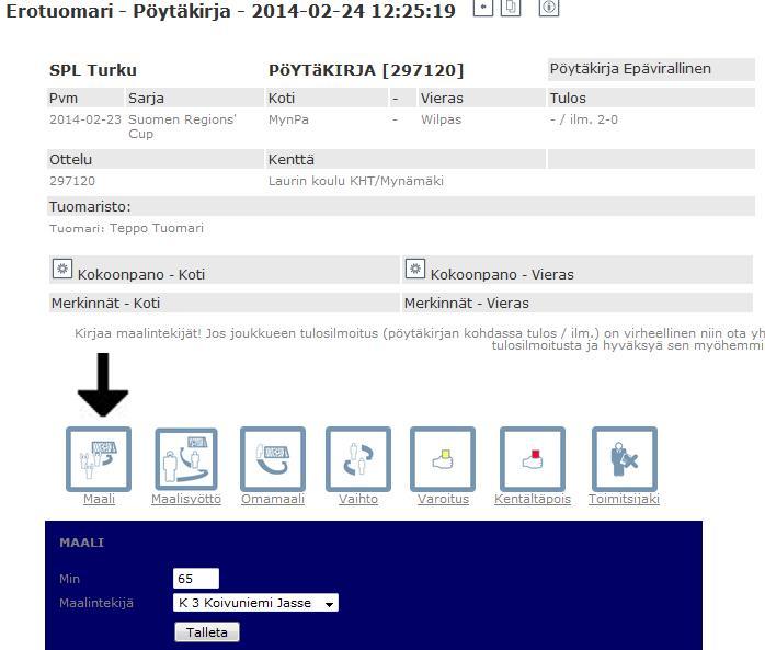 4. Syötä maalit valitsemalla Maali-linkki ja syöttämällä maalintekoaika ja valitsemalla alasvetovalikosta maalintekijä.