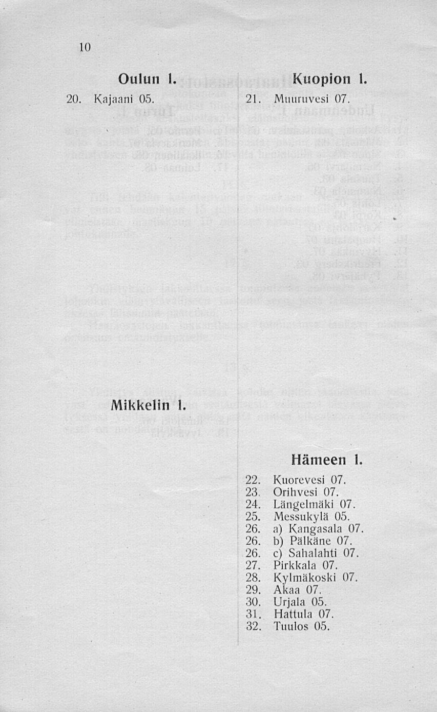 Oulun 1. Kuopion 1 20. Kajaani 05. 21. Muuruvesi 07. Mikkelin 1. Hämeen 1. 22. Kuorevesi 07. 23. Orihvesi 07. 24. Längelmäki 07. 25. Messukylä 05. 26.