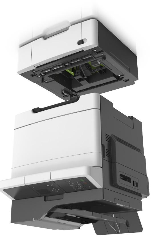 Tulostimen lisäasetukset 22 3 Kohdista tulostin 650 arkin kaksoislokeroon ja laske tulostin paikalleen. 4 Asenna pölysuojus paikalleen.