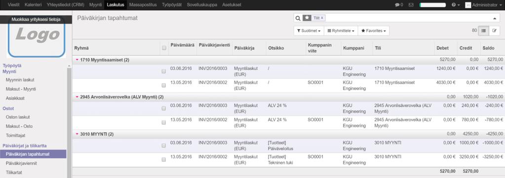 4 Kirjanpidon tapahtumat Odoo taustalla Laskun tiedot viedään hyväksymisvaiheessa automaattisesti myös kirjanpitoon. Tästä syystä hyväksyttyä laskua ei enää voi muuttaa, sen voi ainoastaan hyvittää.