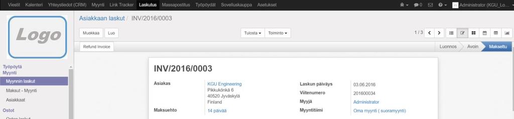 7 Maksusuoritus Odoo ssa laskun tila on avoin niin kauan, kunnes maksusuoritus kirjataan, tai kohdistetaan pankin tiliotteesta.