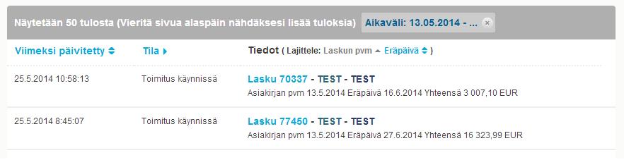 2. Syötä liikeasiakirjan numero Haku -kenttään. 3. Napsauta Haku. Palvelu näyttää hakuehtoja vastaavat liikeasiakirjat Hakutulokset -taulukossa. Kuva 2. Hakutulokset-taulukko 4.