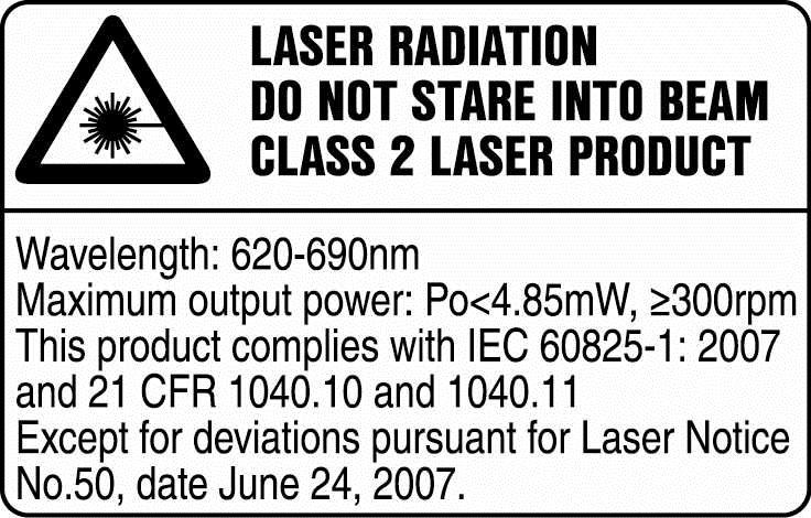 käyttöön ja käsittelyyn. 1.3 Tuotteessa Laserinformaatio Laserluokka 2, standardeihin IEC60825-1/EN60825-1:2007 perustuen ja vastaa CFR 21 1040 (Laser Notice 50) vaatimuksia.