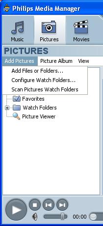 FI Valokuvatiedoston jakaminen 1 Käynnistä Philips Media Manager. 2 Napsauta Pictures. 3 Napsauta Add Pictures. 4 Napsauta Add Files or Folders. 5 Lisää valokuvatiedosto.