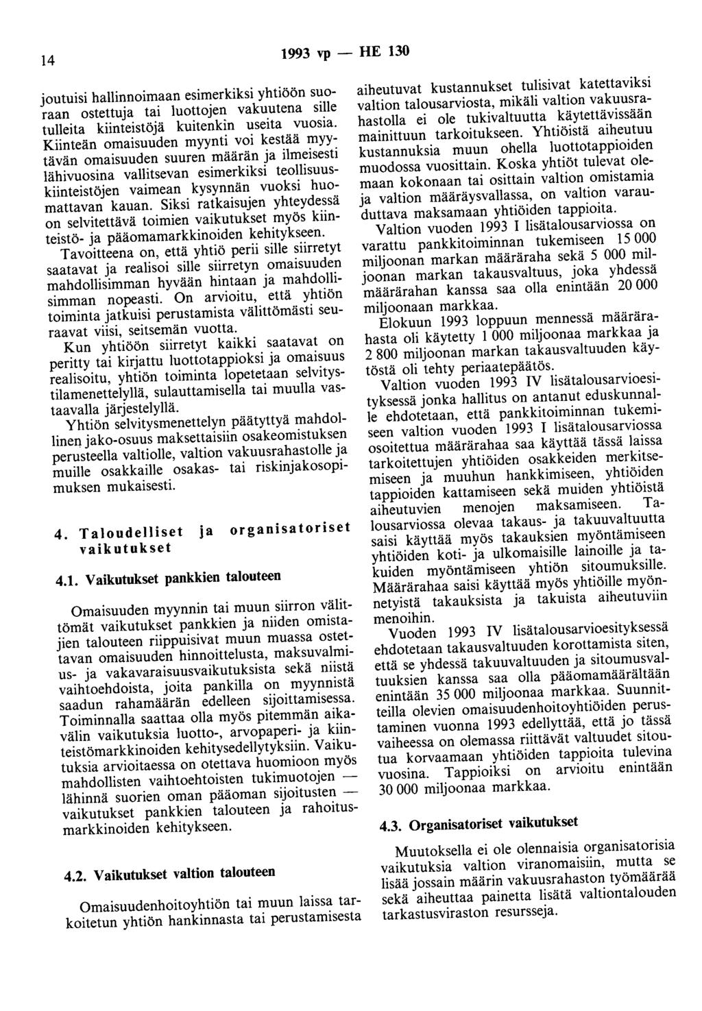 14 1993 vp- HE 130 joutuisi hallinnoiroaan esimerkiksi yhtiöön suoraan ostettuja tai luottojen vakuutena sille tulleita kiinteistöjä kuitenkin useita vuosia.