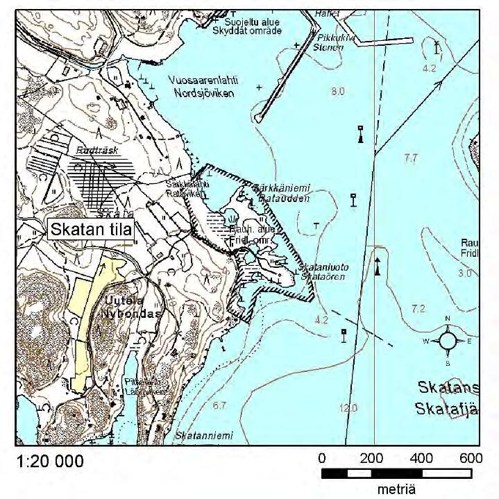 Kuva 2. Särkkäniemen luonnonsuojelualueen kartta. Luonnonsuojelualueen koillispuolella sijaitsee hiljattain käyttöön otettu Vuosaaren satama. Särkkäniemen länsipuolella sijaitsee Skatan tila. 3.