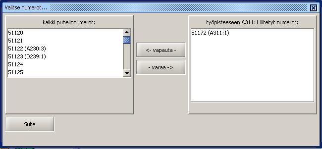 JScrollPanet listscroller ja listscroller2, joiden sisällä JListit allnumbers ja postnumbers JButtonit: closebutton releasebutton reservebutton Kuva 3. Puhelinnumeroikkuna 3.