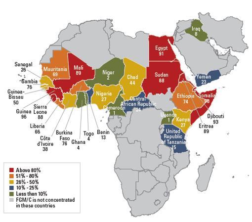 7 Kuvio 1. Percentage of girls and women aged 15 to 49 years who have undergone FGM, by country. Ympärileikattujen tyttöjen ja naisten (15-49v.) prosenttiosuus maittain. (Lähde: UNICEF 2013) 2.