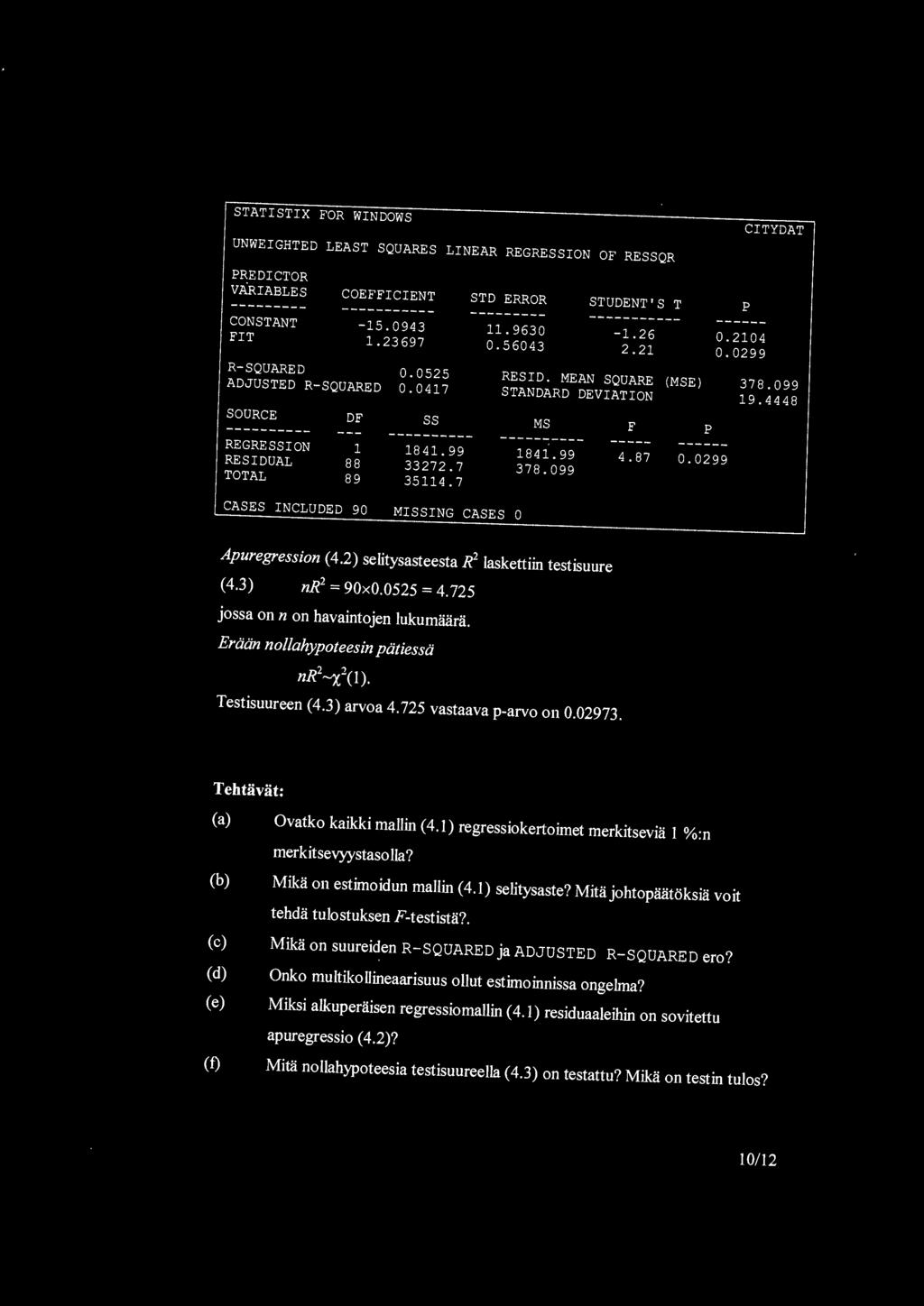 99 1841. 99 RESIDUAL 88 33272. 7 378. 099 TOTAL 89 35114. 7 CASES INCLUDE D 90 MISSING CASES 0 F 4.87 p ------ 0. 0299 Apuregression ( 4.2) selitysasteesta R 2 laskettiin testisuure (4.3) nr 2 = 90x0.