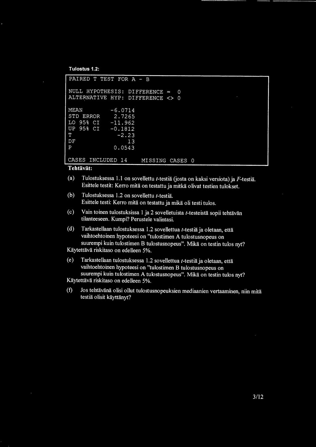 Esittele testit: Kerro mitii on testattu ja mitkii o livat testien tulokset. Tulostuksessa 1.2 on sovellettu t-testiii. Esittele testi: Kerro mita on testattu ja mika oli testi tulos.